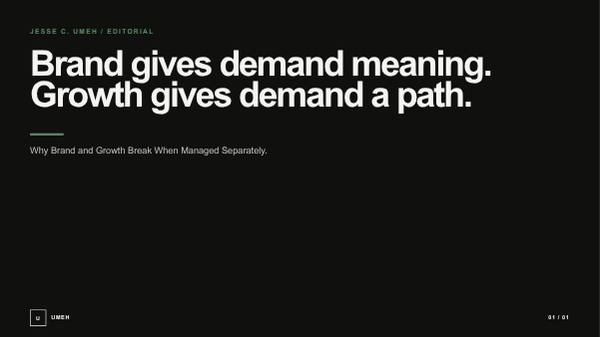 Black editorial graphic reading ‘Brand gives demand meaning. Growth gives demand a path.’ with Jesse C. Umeh and UMEH identifiers in restrained signal green and white.